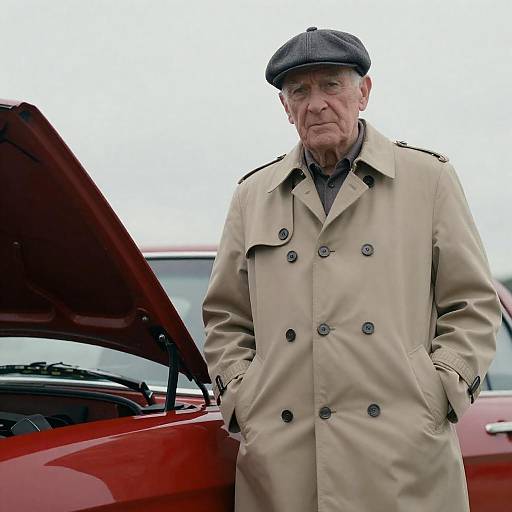 Stern Old Man by Red Car Hood