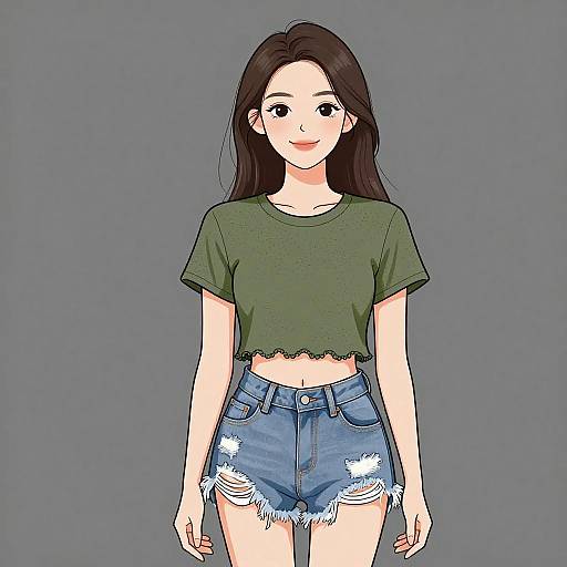 Digital anime-style drawing of a young woman with long dark hair, green crop top, and frayed denim shorts, standing against a gray background.