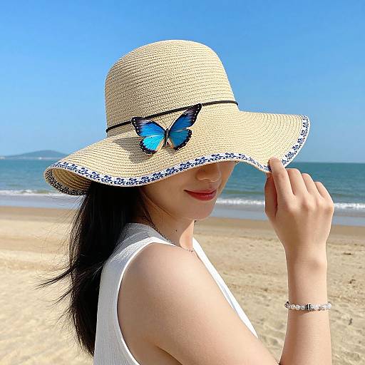 Woman in Stylish Sun Hat at Beach