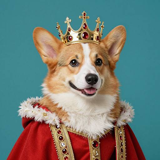 Photograph of a cute, tan and white Corgi wearing a gold crown and red velvet royal robe with white fur trim, set against a solid