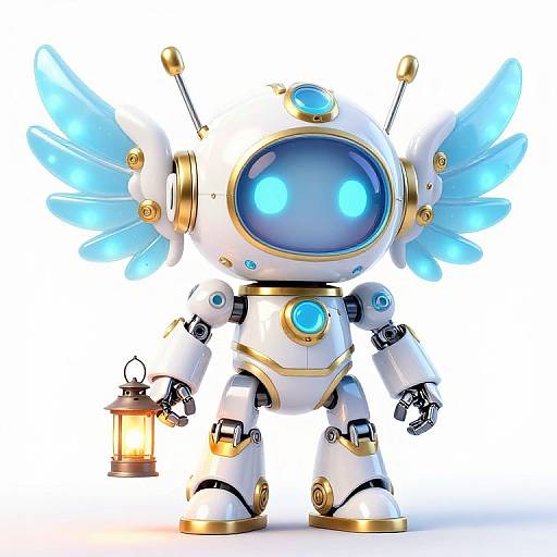 CGI image of a cute, white, robotic angel with glowing blue eyes, wings, holding a lantern, adorned with gold accents.