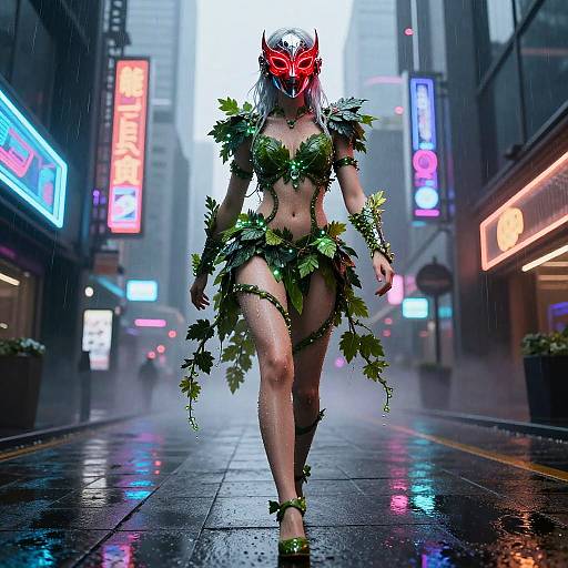 Digital art of a masked, red-eyed woman with silver hair, wearing leafy green bikini and heels, walking in a neon-lit, rainy city