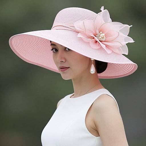 Photograph of an elegant Asian woman in a white sleeveless dress, wearing a large pink sunhat with a flower, and pearl earrings, against a