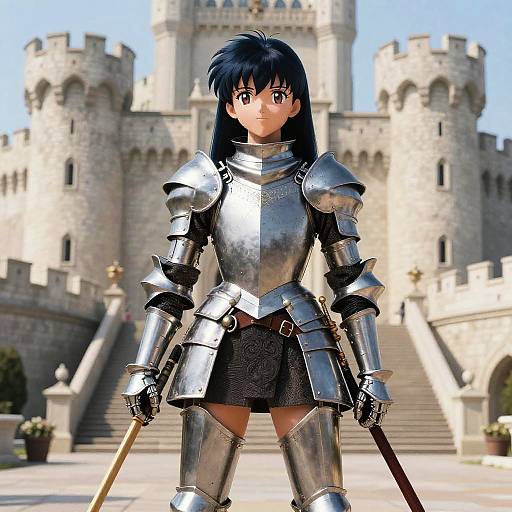 CGI anime-style girl with black hair in shiny silver armor, holding a sword, stands in front of a medieval castle.