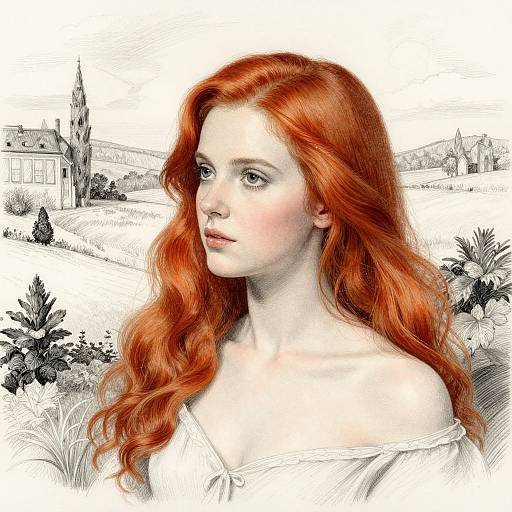 Digital drawing of a red-haired woman with wavy hair, fair skin, wearing an off-shoulder white dress, set against a detailed, mon