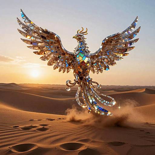 Photograph of a metallic, mosaic eagle with outstretched wings, illuminated by sunset, soaring above golden desert dunes, dust trailing behind.