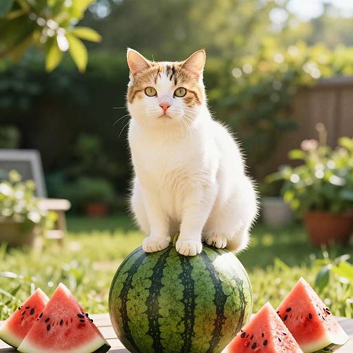 Cat on Watermelon in Sunny Garden