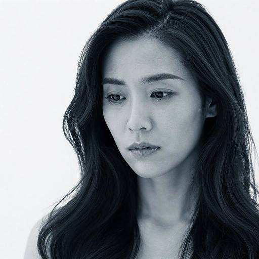 Portrait of Asian Woman with Long Wavy Hair in Blue Tone