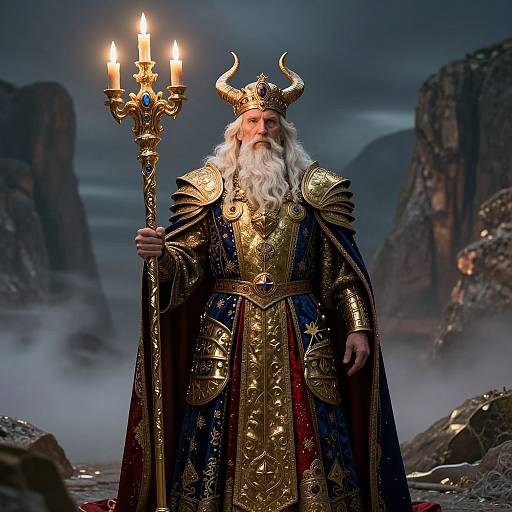 Photograph of a regal, white-bearded king with golden horns, holding a three-candle candelabrum, wearing ornate gold and
