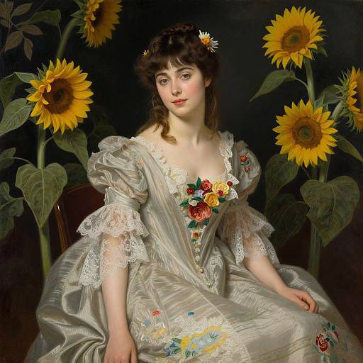 Photorealistic painting of a fair-skinned woman with curly brown hair, wearing a lace-trimmed, gray satin dress, surrounded by tall sun