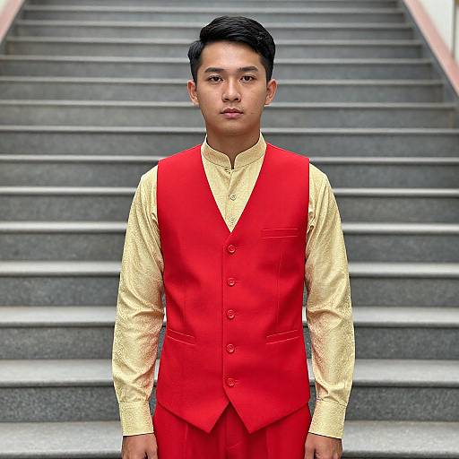 Asian Man in Red Vest Costume