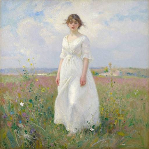 Impressionist painting of a fair-skinned woman in a white dress standing in a colorful, blooming meadow under a bright blue sky.