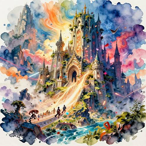 Vibrant digital painting of a fantasy castle with fiery beams, colorful skies, and small figures crossing a glowing bridge. Dynamic, magical scene.
