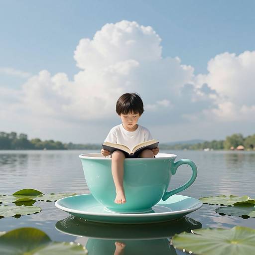 Photograph of an Asian boy with short black hair, wearing a white shirt, sitting in a large turquoise teacup on a lake, reading a