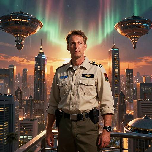 Photograph of a serious-looking man in a beige police uniform, standing on a balcony with futuristic cityscape and floating discs, under vibrant aurora bore