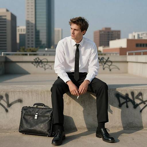Businessman Sitting on Concrete Wall with Cigarette