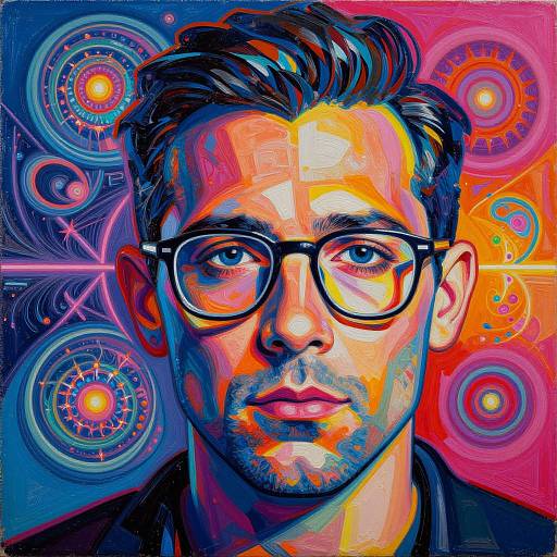 Vibrant digital portrait of a man with dark hair, large black glasses, and colorful abstract background featuring circular patterns. Bold, neon colors highlight his