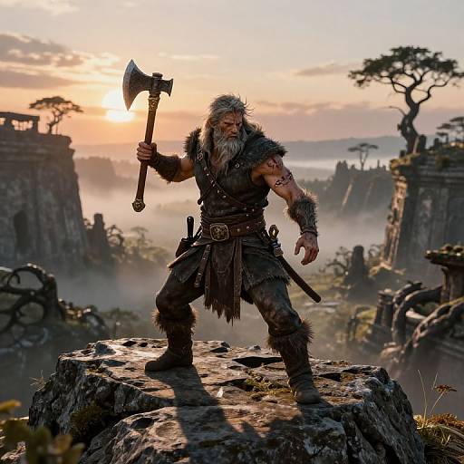 Photorealistic digital art of a bearded, muscular barbarian with fur clothing, holding an axe, standing on a rock at sunrise in a mist