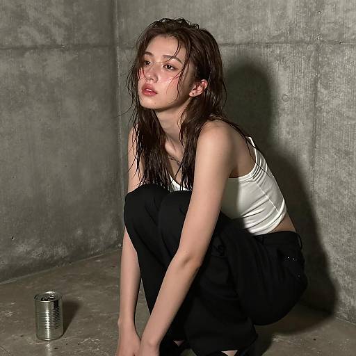 Crouching Woman in Dim Basement Scene