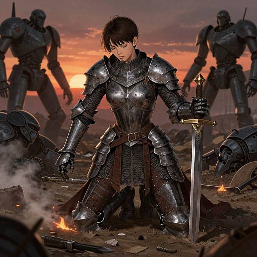 Digital art: Female knight in shiny black armor kneels with sword, surrounded by fallen armored soldiers and burning debris at sunset.