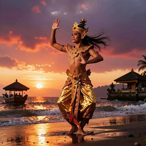 Photograph of a topless, muscular dancer in golden traditional attire and ornate headpiece, performing on a beach at sunset.