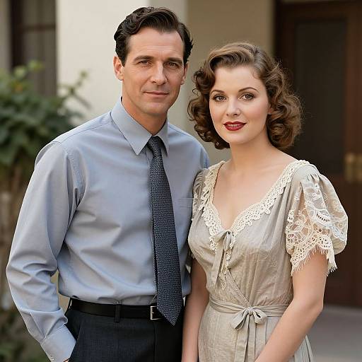 Photograph of a middle-aged man in a light blue shirt and dark tie standing beside a woman with curly brown hair in a white lace dress, both