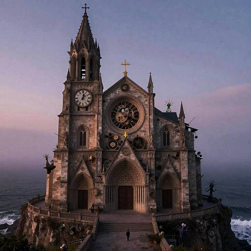 Clockwork Cathedral on Foggy Coastal Cliffs at Twilight