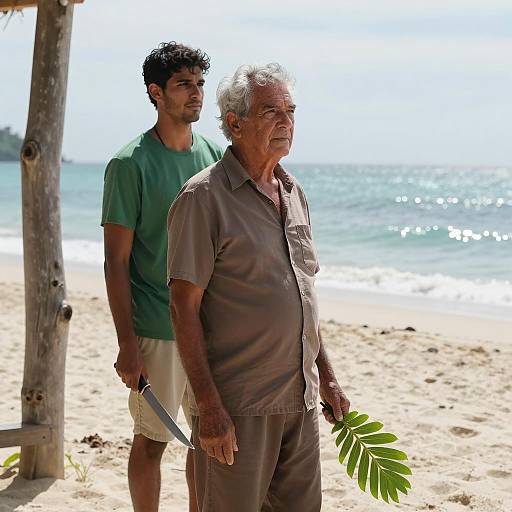 Two Men on Tropical Beach with Leaf and Knife