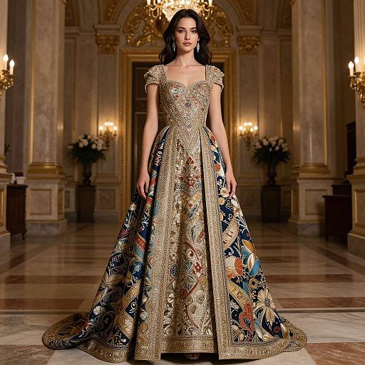 Photograph of a slender woman in an ornate, gold and blue floral embroidered gown, standing in an opulent, marble-floored ballroom