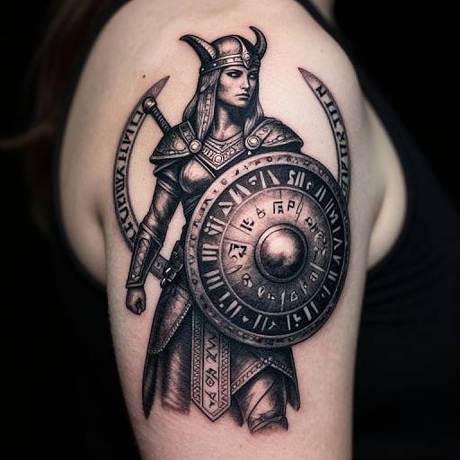 Black and gray tattoo of a Roman warrior with helmet, sword, and circular shield on a muscular arm. Detailed shading.