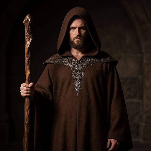 Photograph of a bearded man in a dark brown hooded robe with intricate silver embroidery, holding a wooden staff, against a dark, stone-text