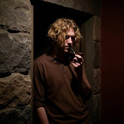 Man with Pipe in Dimly Lit Stone Doorway