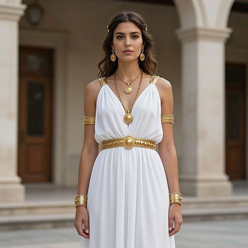 Photograph of a dark-haired woman in a white, Grecian-style dress with gold jewelry, standing in a colonnaded, classical building.