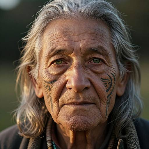 Close-up photograph of an elderly man with long, silver hair, wrinkled skin, green eyes, and black tribal face paint, wearing a dark jacket