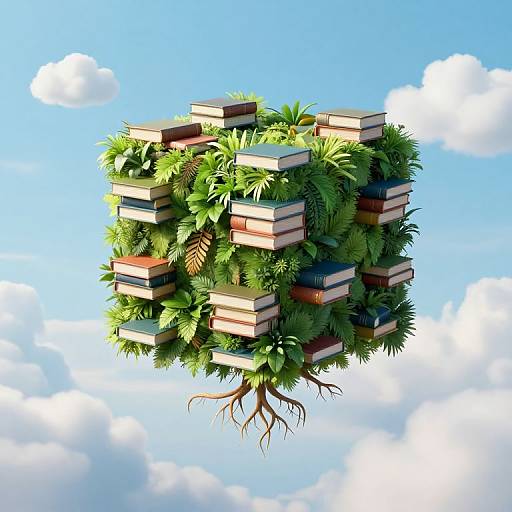 Floating Book Cube in Lush Sky