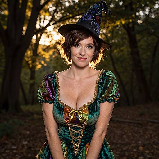 Photograph of a smiling woman with short brown hair, wearing a vibrant green velvet witch dress with lace-up bodice and black pointed hat, standing in