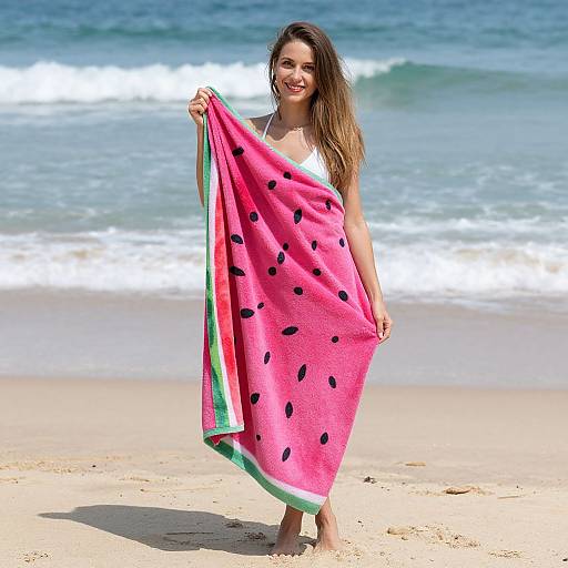 Photograph of a smiling, brown-haired woman with fair skin standing on a sandy beach, holding a pink watermelon-patterned towel. Blue ocean waves