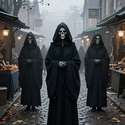 Photograph of three skeletal, hooded figures in black cloaks standing on a foggy, cobblestone street, flanked by illuminated market stalls