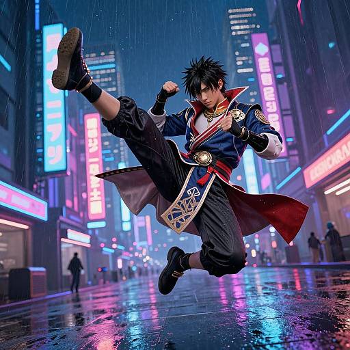 Digital anime-style artwork of a spiky-haired male martial artist kicking mid-air in a neon-lit, rainy urban cityscape at night.