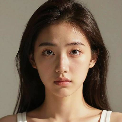 Photograph of an Asian woman with long black hair, fair skin, and brown eyes, wearing a white tank top, against a plain gray background.