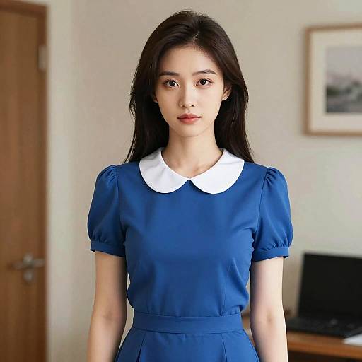 Photograph of an East Asian woman with long black hair, wearing a blue dress with a white Peter Pan collar, standing in a simple, softly lit