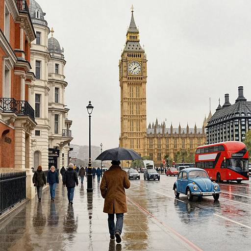 Photograph of a rainy London street with Big Ben, people in coats, a black umbrella, red double-decker bus, and classic blue car.