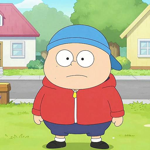 Cartoon boy in red hoodie, blue cap, standing on suburban street with houses, trees, and grass, looking serious. Bright, colorful illustration.