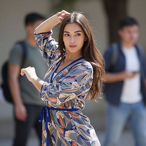 Photograph of a young woman with long brown hair, wearing a blue floral kimono, standing in sunlight, with blurred background pedestrians.