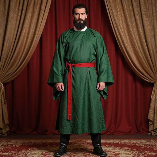 Photograph of a bearded man with dark hair, wearing a green robe with red sash, standing against red and gold draped curtains, on a
