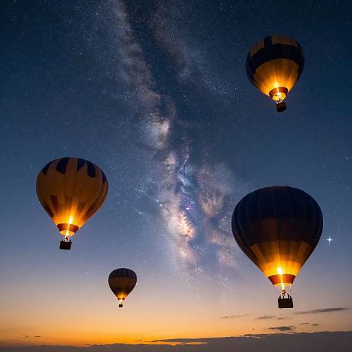 Photograph of four glowing hot air balloons against a twilight sky, with the Milky Way galaxy visible, stars twinkling, and a warm orange horizon.