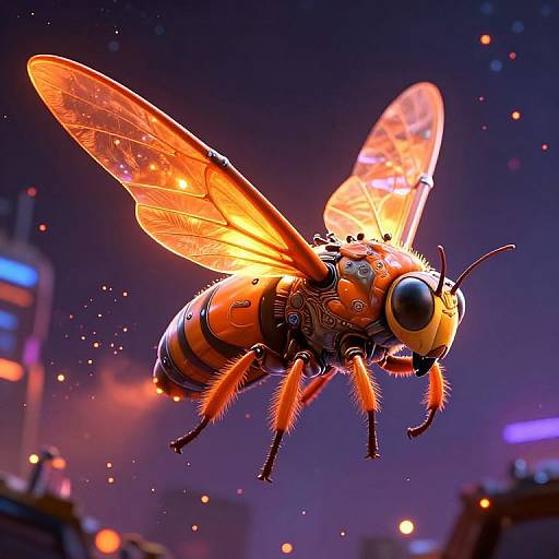 Digital artwork of a glowing, detailed, orange and black hornet with translucent wings, flying against a dark, neon-lit urban night sky.