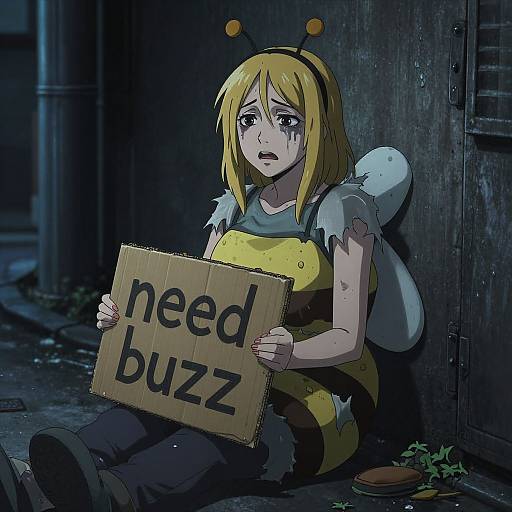 Digital anime-style drawing of a tearful blonde girl with yellow bee costume, holding 