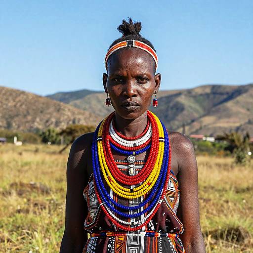 Photograph of a dark-skinned African woman with elaborate beaded necklaces and headband, standing in a sunny, grassy field with hills in