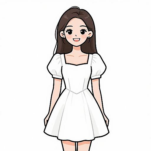 Digital anime-style drawing of a cute, smiling young woman with long black hair, wearing a white, puffy-sleeved, square-neck dress.